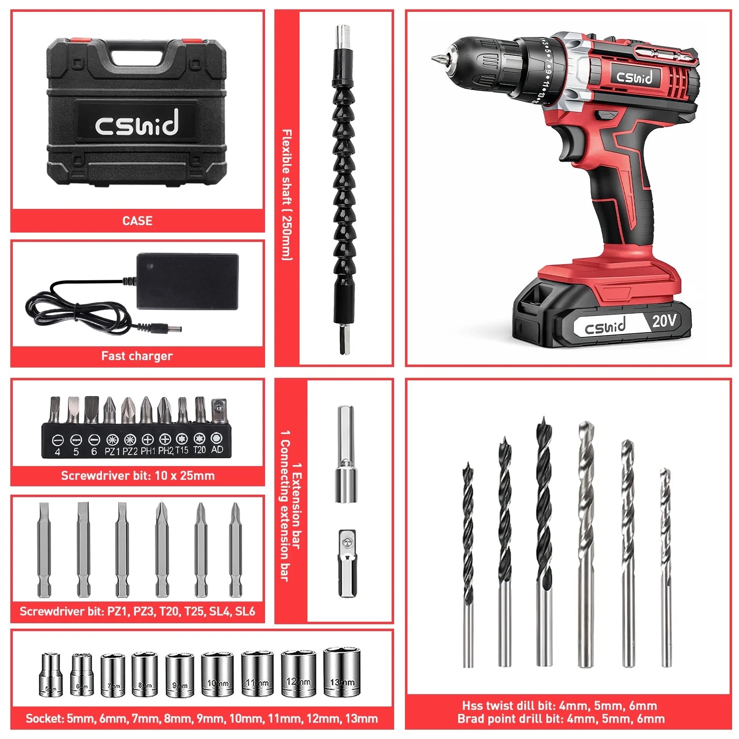 20V Cordless Drill, Electric Power Drill Set with 1 Battery & Charger, 3/8" Keyless Chuck, 2 Variable Speed & LED Light, 266 In-Lb Torque, 25+1 Position and 34Pcs Drill/Driver Bits(Red)